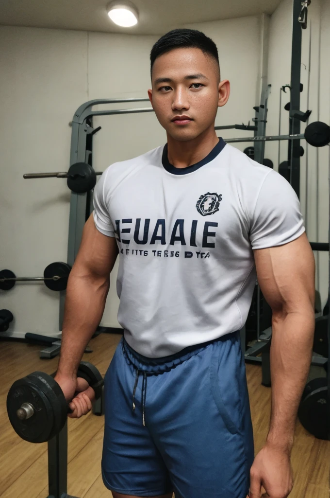 ((realistic daylight)) , Young Korean man in only a black sports shirt, no stripes, and jeans., A handsome, muscular young Asian man looks at the camera.  , In a computer shop ,turn sideways, smile