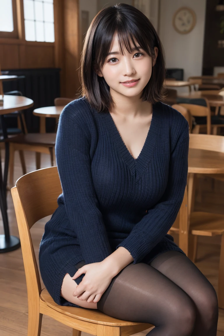 A naive 33-year-old wife、Wear a knit dress that shows off your beautiful body line.、(Wearing pantyhose,Realistic pantyhose)、Thighs Thighs Thighs、Sitting on a chair in an open café、Height: 156cm, A little chubby、Japanese Model, Short Layered Hair、Laughter、smile、Japanese Girls, A proper Japanese woman, Japanese Goddess, Innocence、RAW Photos, (In 8K、Highest quality、masterpiece:1.2)、(Intricate details:1.4)、(Photorealistic:1.4)、Octane Rendering、Highly detailed and intricate 3D rendering, Soft studio light, Rim Light, Crisp details, Super detailed, Realistic skin texture, Detailed aspect, Beautiful attention to detail, Highly detailed CG Unity 16k wallpaper, Compensate, (Detailed Background:1.2),　Shiny skin、Exposed thighs!!!、