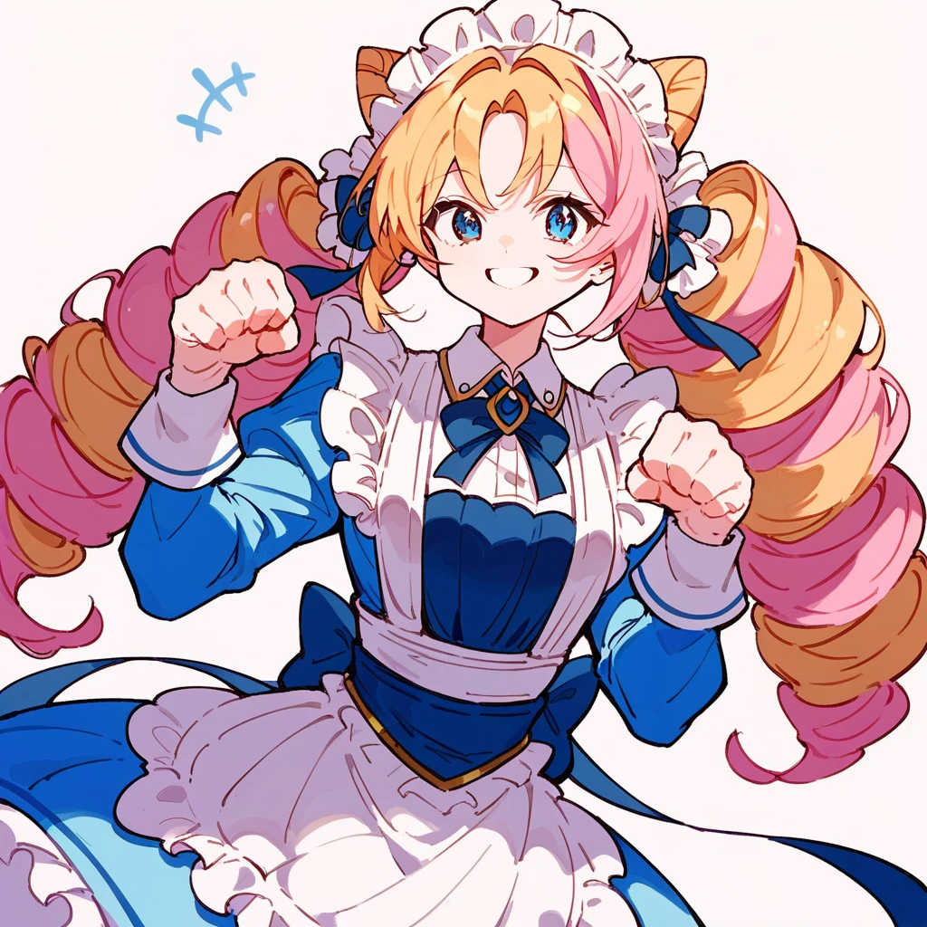 score_9, score_8_up, score_7_up, score_6_up, score_5_up, score_4_up,
1girl, blue eyes, multicolored hair, blonde hair, pink hair, twin drills, maid headdress, smile, paw pose,
