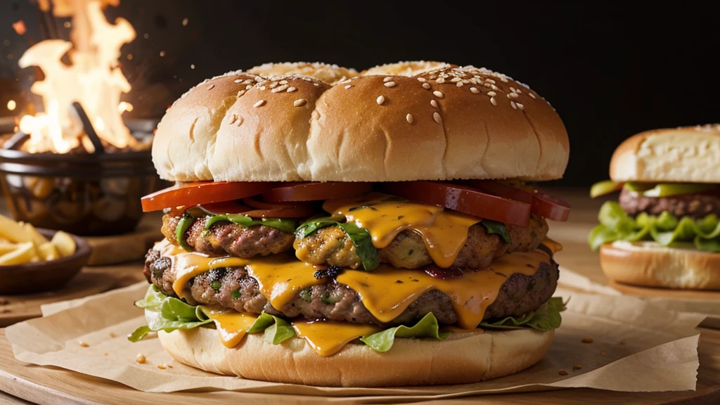 a realistic burger , mouth watering, exploding cheese