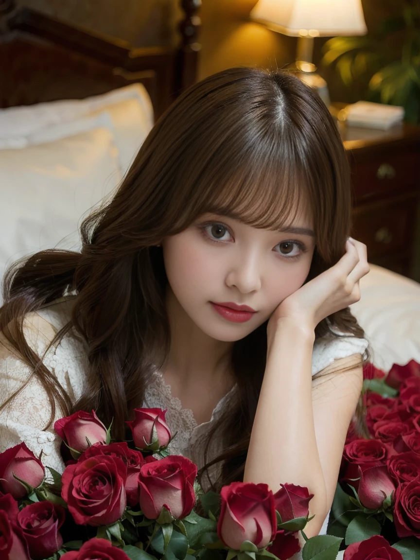 ((masterpiece)), portrait of a beautiful woman with medium brown, kneeing on a bed surrounded by blooming roses,
