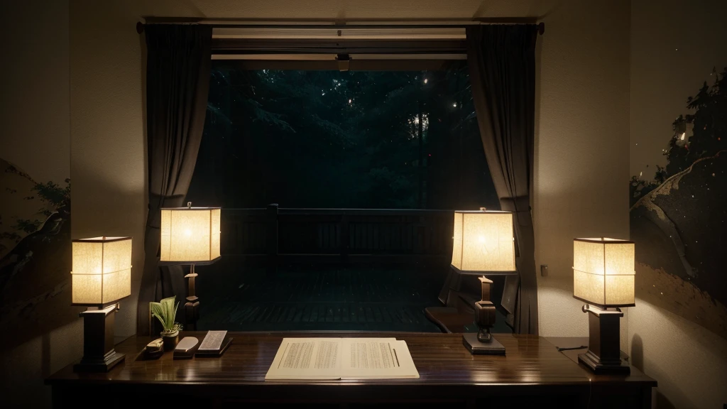 photography, style of Makoto Shinkai studio and Greg Rutkowski, dark black. broad horizon, rainy, Japan, deep forest, traditional courtyard, flattop single-layer house, faintly visible silhouette, close-up of big panorama transparent wall, curtain, low bed, crowded workbench, PC, TV, desk lamp, bookshelf, mural, passageway, head-up, horizon, realistic, high definition, ultra detailed, clear textures, highest resolution, highest-quality, local light, down light, side light, leaky light, back light, rim light, reflect light, depth of field, bokeh, cinematic, panorama, full size. look from inside.