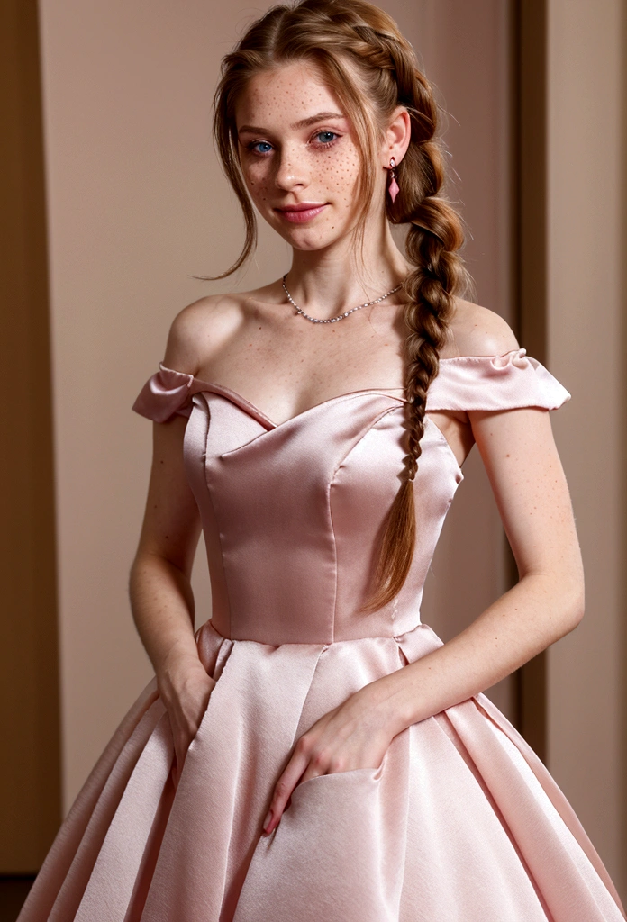 4k, 8k, 16k, HDR, Highly detailed, Cinematographer photo, RAW, Realistic photo, Photorealistic, Detailed beautiful skin, whole body, Avril Lavigne, loraavril, ((20 years old, shoulder length wavy dark hair, dutch braid, brunette, pale skin, freckles on both cheeks, (hazel eyes))), necklace and earrings, (((How to wear an elegant pink satin ballgown off the shoulders correctly))), perfect body, belly button, hips, legs, knees, ankles, pies, detailed face, large eyes, black eyes, looking at the viewer, Perfect face, perfect nose, perfect mouth, slight smile, Perfect eyes, Perfect circular iris, perfect skin, perfect lips, perfect arms, only 2 arms, perfect shoulders, sexy, , small breasts, small butt, detailed hands, perfect hands, fingers, 5 fingers, detailed body, Perfect neck, perfect head, Pretty Woman, big smile, standing position, full body picture, looking at the viewer
