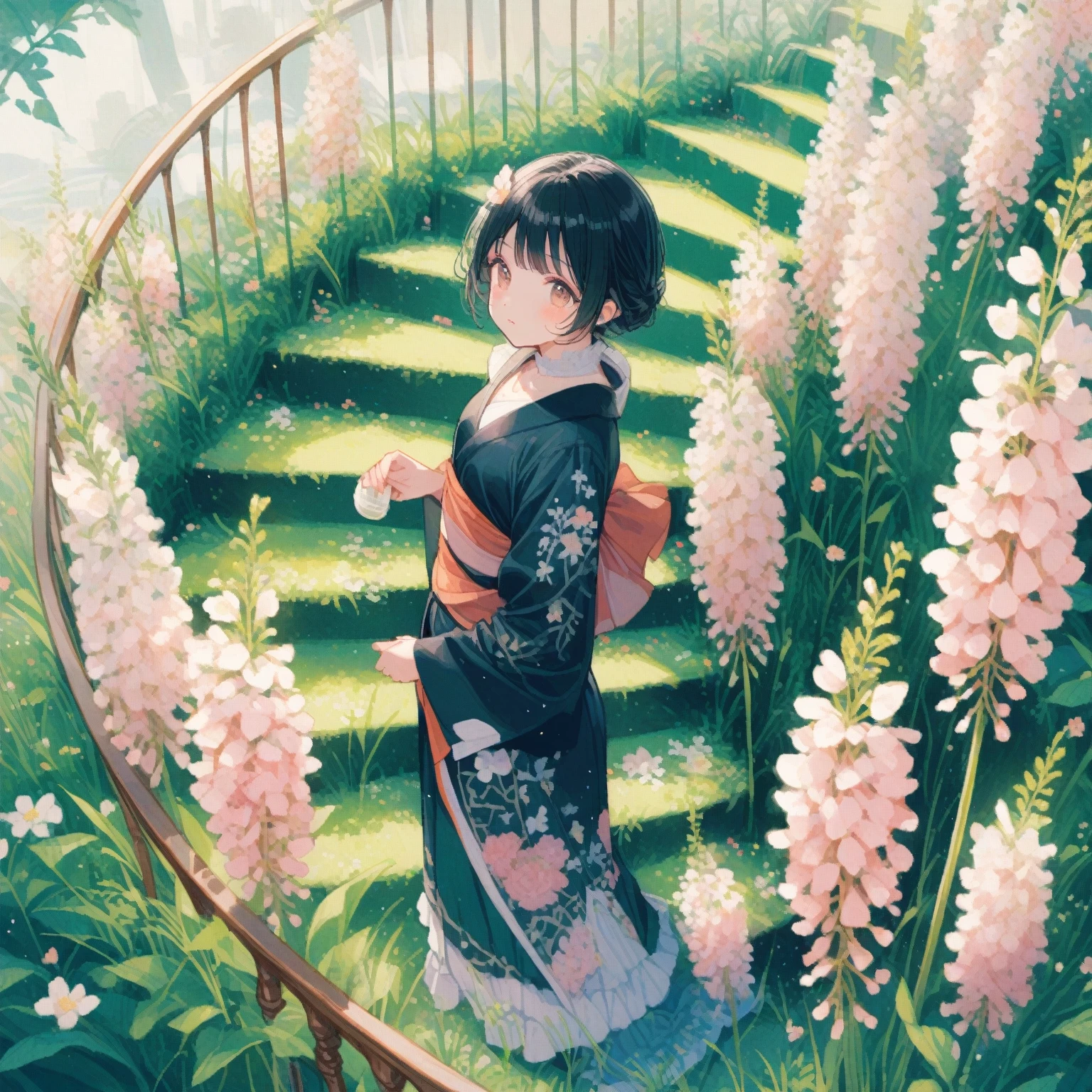 1girl、Nezuko、Screw flower、Spiranthes sinensis、「Yearning」、Spiral staircase on grass、tegaki