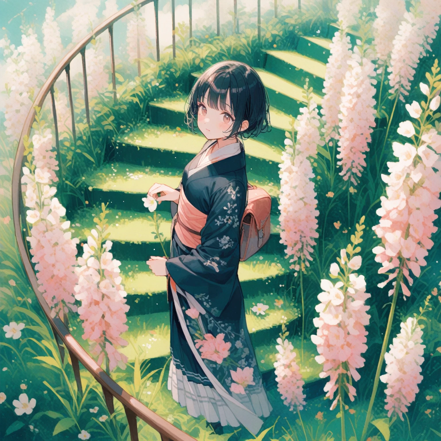 1girl、Nezuko、Screw flower、Spiranthes sinensis、「Yearning」、Spiral staircase on grass、tegaki