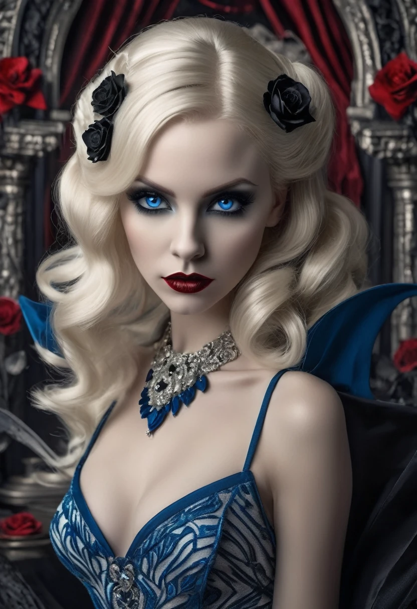 fantasy art deco (art deco: 1.5) A (black and white: 1.5) glamours (vampire: 1.5) model shot, RAW, award winning, of an exquisite beautiful 1solo female vampire, ultra feminine, full body, busty woman, most beautiful face ultra detailed face, ((blond long twin tails: 1.3)), twin tails decorated with black flowers,  pale skin, glowing (red: 1.3) eyes, wearing (blue: 1.5) silk glamour intricate dress, with flowers on it,  wearing intricate high heels, light make up, ancient library background, (black and white filter: 1.4), (anatomically correct: 1.4), 1960s photoshoot style, picture taken from dynamic range, vibrant, Ultra-high resolution, High Contrast, (masterpiece:1.5), highest quality, Best aesthetics), best details, best quality, highres, ultra wide angle, 16k, [ultra detailed], masterpiece, best quality, (extremely detailed), Intense Gaze, dark novel, mega twintails