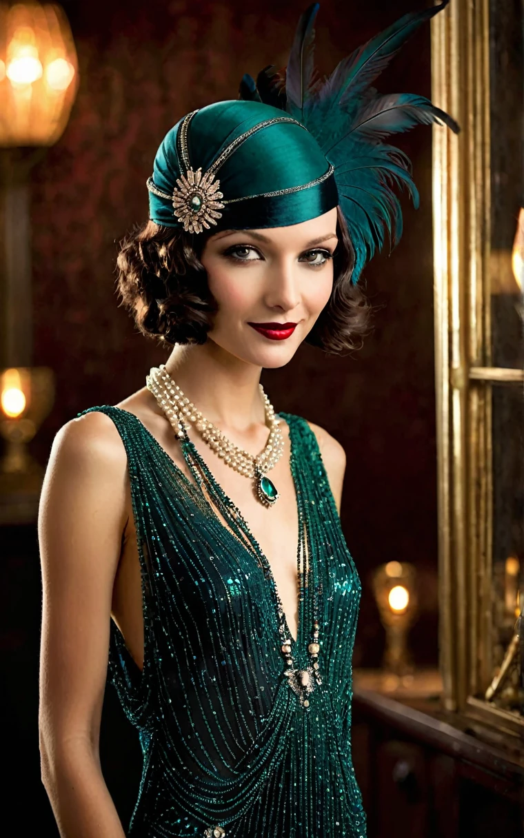 classic 1920s speakeasy ambiance, beautiful woman, long hair, smiling, dimly lit, smoky background with a hint of jazz music notes in the air, [central focus] ((elegant flapper outfit)), iconic drop-waist dress, layers of shimmering fringes, deep jewel tones like emerald or sapphire, intricate beadwork creating swirling art deco patterns, complemented by a ((sheer, delicate shawl)), lightly draped over the shoulders. The model, a young adult woman, embodies the roaring twenties' spirit with her confident posture and charismatic charm. Her hair styled in a sleek bob, adorned with a bejeweled headband featuring feathers and sparkling gems, accentuating the luxuriousness of the era. Makeup is bold and dramatic, with smoky eyes and deep red lips, highlighting the rebellious yet sophisticated nature of the flapper style. Accessories include long pearl necklaces, multiple bangle bracelets, and a classic cigarette holder, adding layers of elegance and rebellion. The scene is further enriched by period-appropriate props like a vintage gramophone, a crystal glass of champagne, and art deco motifs in the background, providing a perfect blend of historical accuracy and stylized interpretation. The overall composition exudes a sense of nostalgia, , and opulence, capturing the essence of the 1920s fashion revolution. (dynamic photoshoot sexy feminine pose, adorable cute face, extremely pretty,  iridescent eyes,hourglass figure:1.4),(December Issue:1.2),(perfect boudoir lighting:1.2),SimplePositiveXLv2,