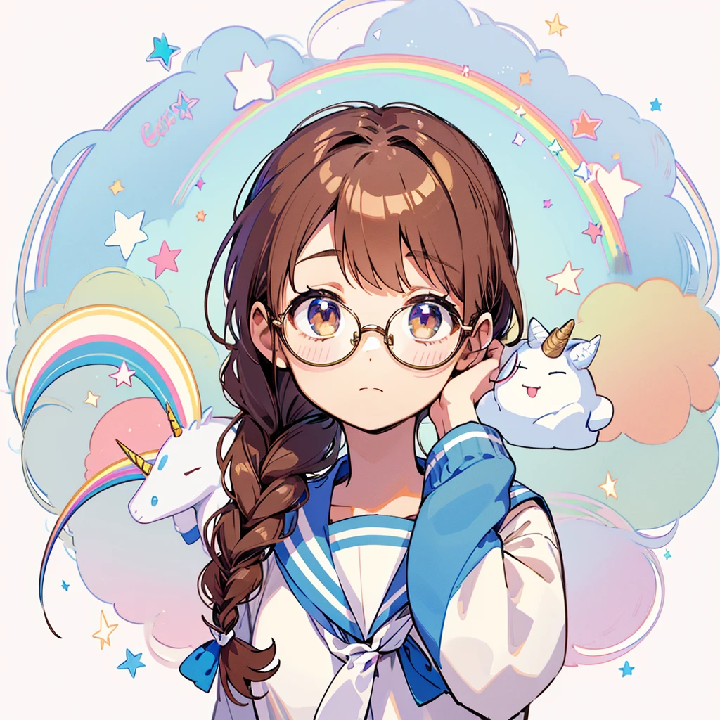 Circular emblem{star、ribbon、unicorn、candy、rainbow}、A girl with a single braided hairstyle{Glasses、Brown Hair、Brown eyes、Light blue sailor suit}