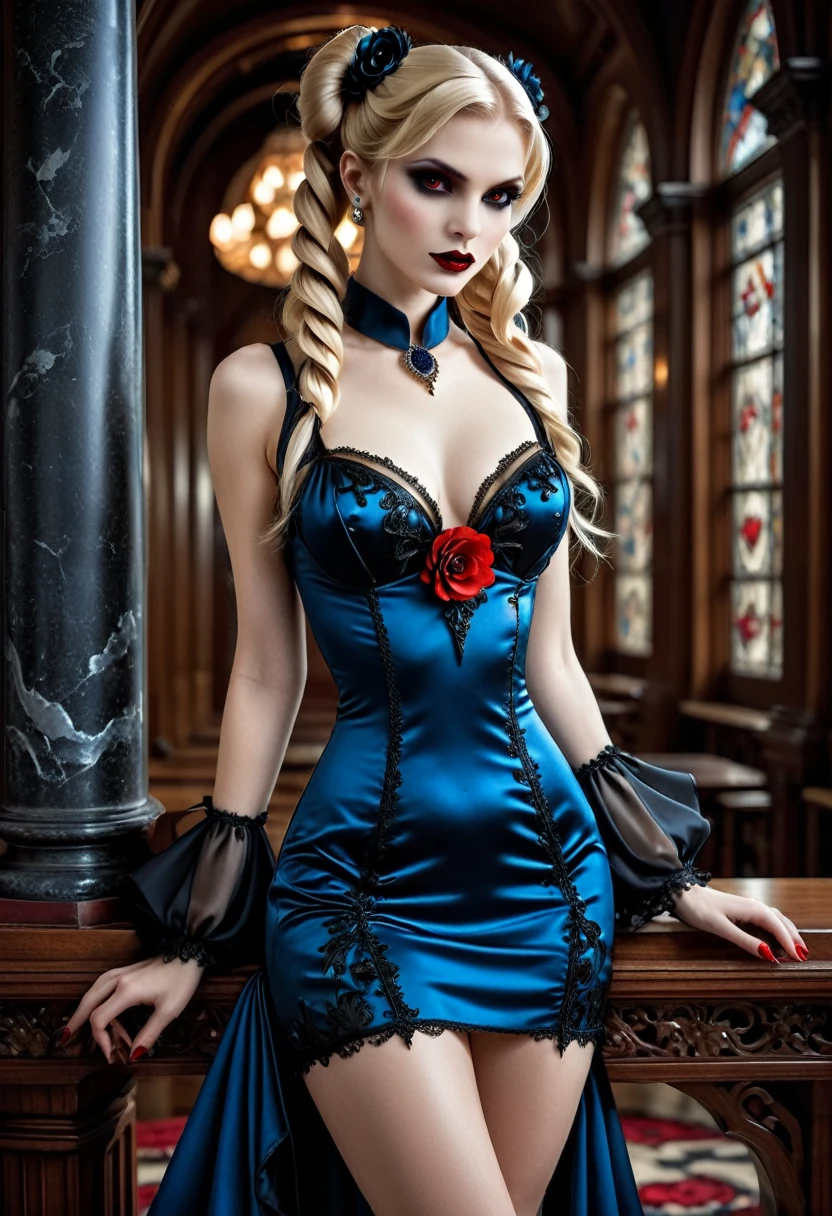 fantasy art deco (art deco: 1.5) A (black and white: 1.5) glamours (vampire: 1.5) model shot, RAW, award winning, of an exquisite beautiful 1solo female vampire, ultra feminine, full body, busty woman, most beautiful face ultra detailed face, ((blond long twin tails: 1.3)), twin tails decorated with black flowers,  pale skin, glowing (red: 1.3) eyes, wearing (blue: 1.5) silk glamour intricate dress, with flowers on it,  wearing intricate high heels, light make up, ancient library background, (black and white filter: 1.4), (anatomically correct: 1.4), 1960s photoshoot style, picture taken from dynamic range, vibrant, Ultra-high resolution, High Contrast, (masterpiece:1.5), highest quality, Best aesthetics), best details, best quality, highres, ultra wide angle, 16k, [ultra detailed], masterpiece, best quality, (extremely detailed), Intense Gaze, dark novel, mega twintails