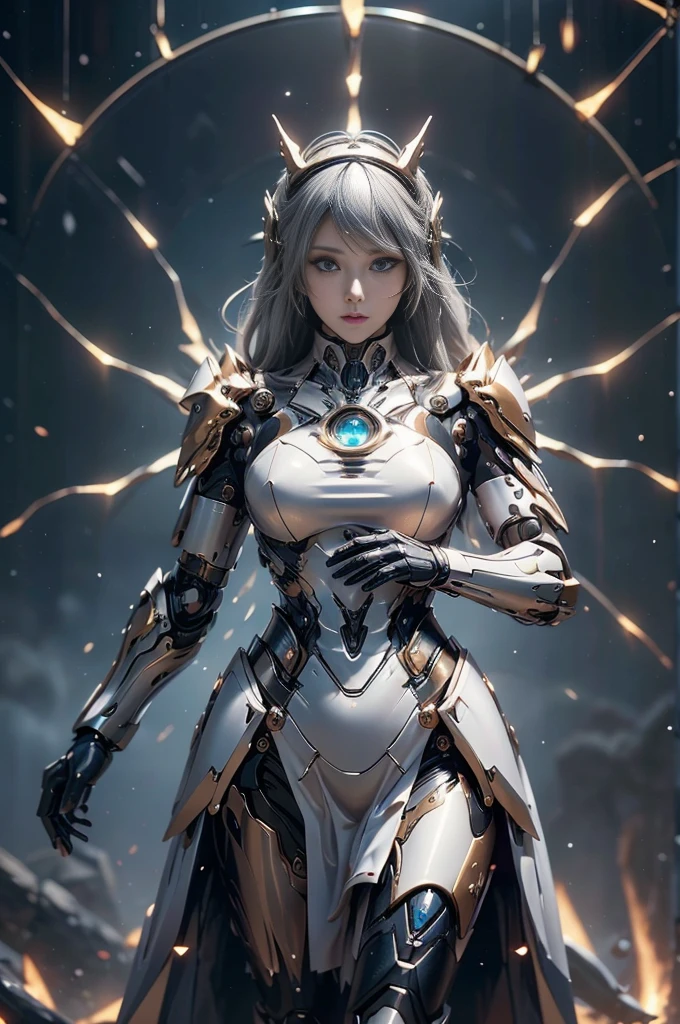 Complex and gorgeous anime CGI style, Very detailedファンタジーキャラクター, 4K high resolution digital art, Karol Bak Oud, 宇宙のサイボーグgoddess, Beautiful digital art, 2. 5D CGI Anime Fantasy Artwork, goddess. Very detailed, Portrait of a cyborg queen, Very detailedgoddessのショット, Half Body Machine, Inorganic, Next-generation high-performance cyborgs, goddess of Machines, The perfect cyborg, The ultimate replicant, A masterpiece created by ultra-high performance AI, The ultimate weapon, Highest quality, The perfect angle, Perfect composition, Sharp contours, Best Shot, Perfect shape, Perfect model style, Very beautiful and detailed, Hollow Eyes, Blue eyes without pupils