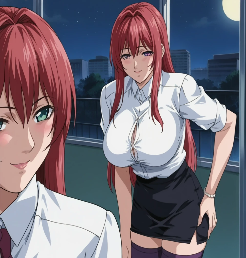 score_9, score_8_up,   pretty girl .  red hair .    long hair  .   milf  .   white blouse  .  pencil skirt   .   purple stockings   .   source_anime  Bibl3  .  in office  .  empty eyes   .  good eyes.  detailed .   trimmed pubic hair  .    crazed  face.  eye focus.  huge breasts, blush     .   female teacher , lifting skirt, smile, viewed from front, night, backlit