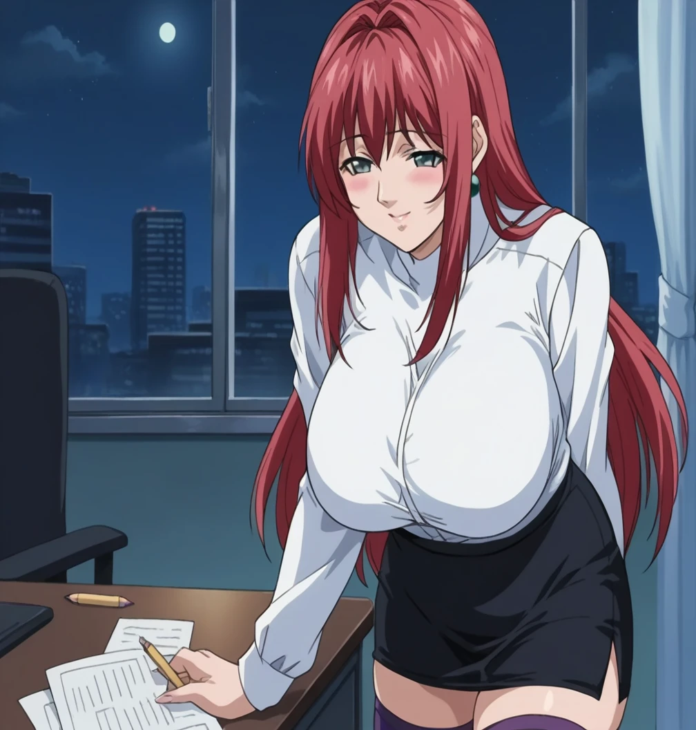 score_9, score_8_up,   pretty girl .  red hair .    long hair  .   milf  .   white blouse  .  pencil skirt   .   purple stockings   .   source_anime  Bibl3  .  in office  .  empty eyes   .  good eyes.  detailed .   trimmed pubic hair  .    crazed  face.  eye focus.  huge breasts, blush     .   female teacher , lifting skirt, smile, viewed from front, night, backlit