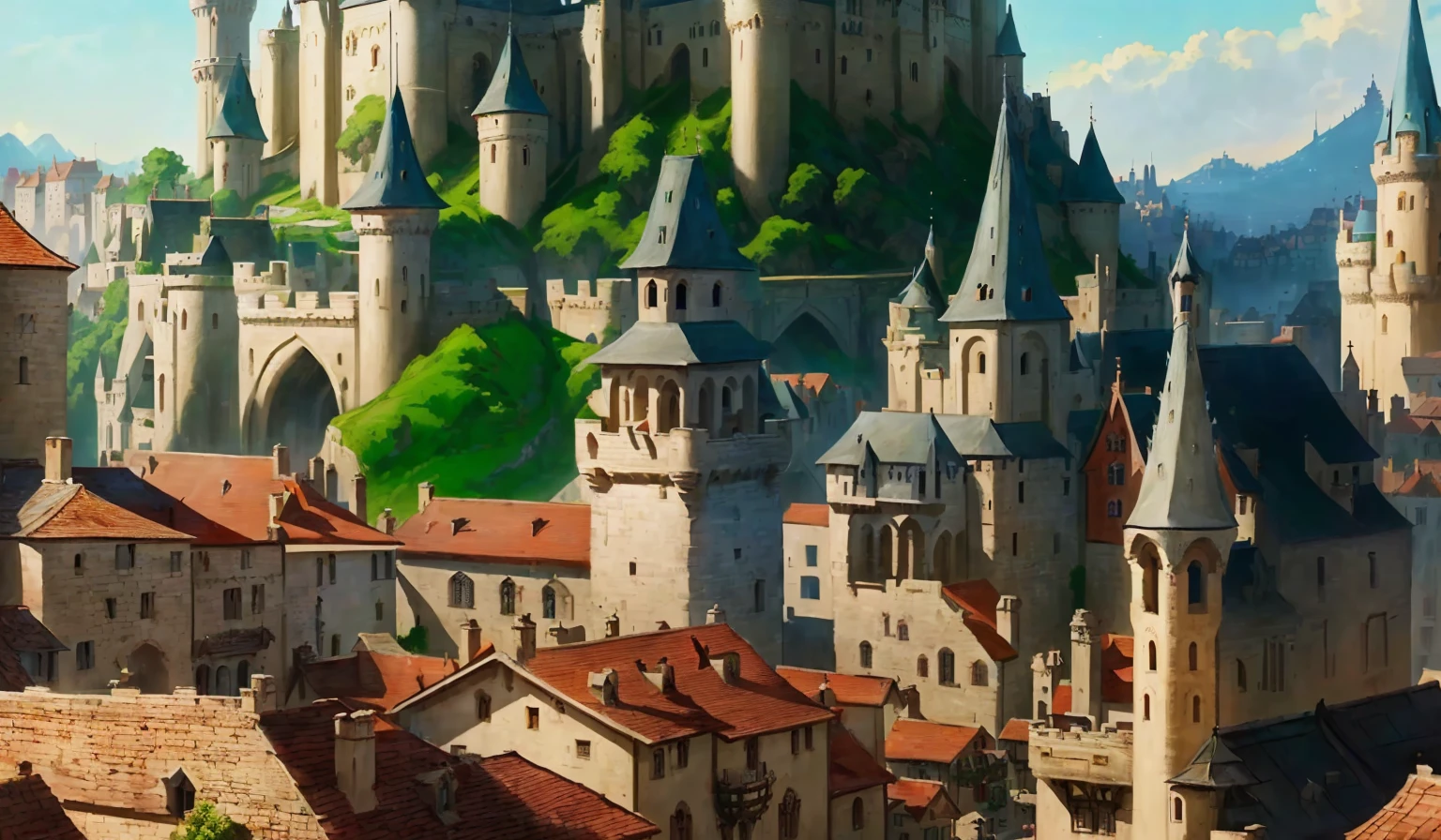 There is a big castle，There is a bell tower above, Town Background, Medieval city background, Medieval city, Zootopia concept art, Medieval fantasy town, Medieval town landscape, a Medieval city, Background of Fuxing Port City, a bustling magical town, Illustrations, In Zootopia, Medieval town, Castle Town, Flat painting, Fantasy cityscape