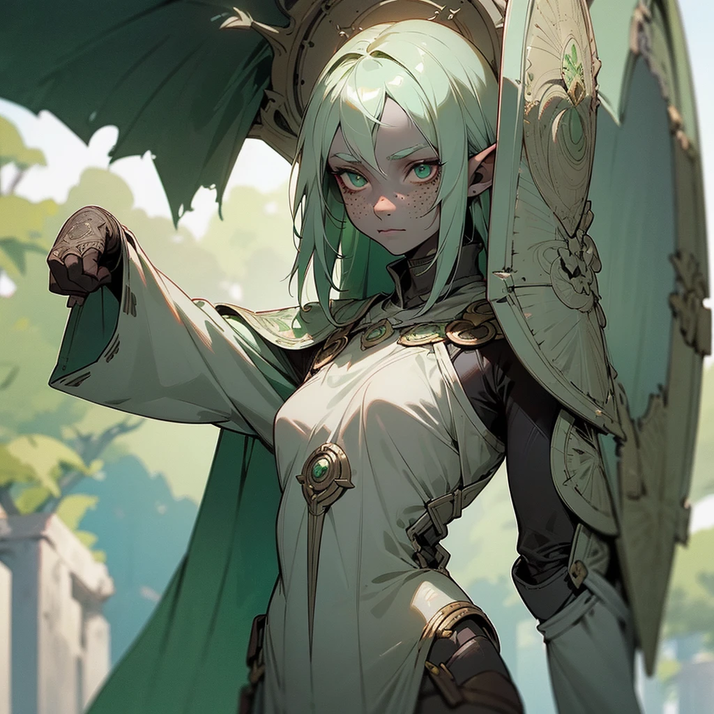 a beautiful young dark elf girl with grey skin tone, light green hair and dark green eyes, freckles on her face,  stature, holding a small shield in her right hand, excellent medic skilled in poisons and medicines, fantasy, digital art, highly detailed, intricate, cinematic lighting, vibrant colors, 8k, photorealistic, concept art, character design, (((Gray skin)))