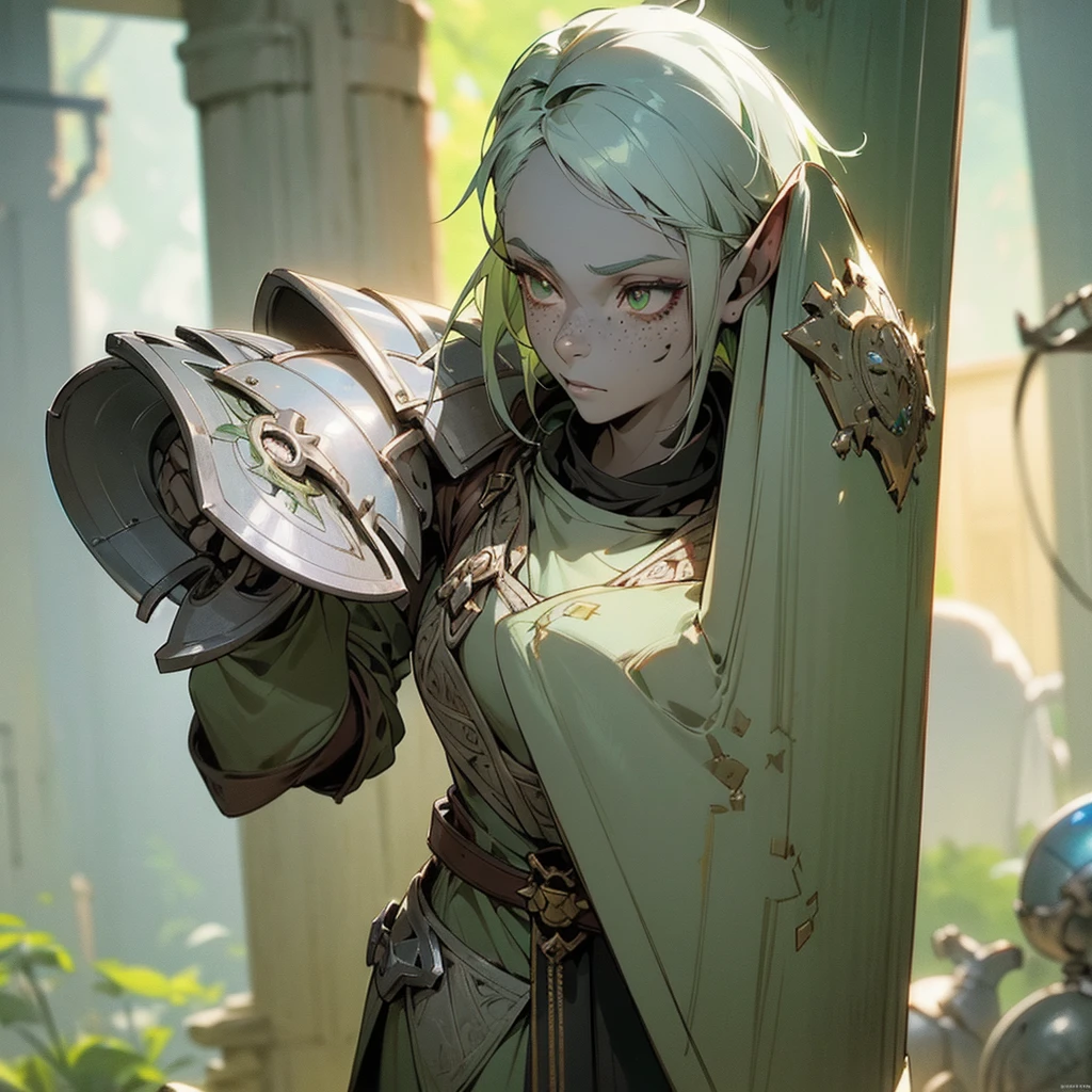 a beautiful young dark elf girl with grey skin tone, light green hair and dark green eyes, freckles on her face, stature, holding a small shield in her right hand, excellent medic skilled in poisons and medicines, fantasy, digital art, highly detailed, intricate, cinematic lighting, vibrant colors, 8k, photorealistic, concept art, character design, (((Gray skin)))
