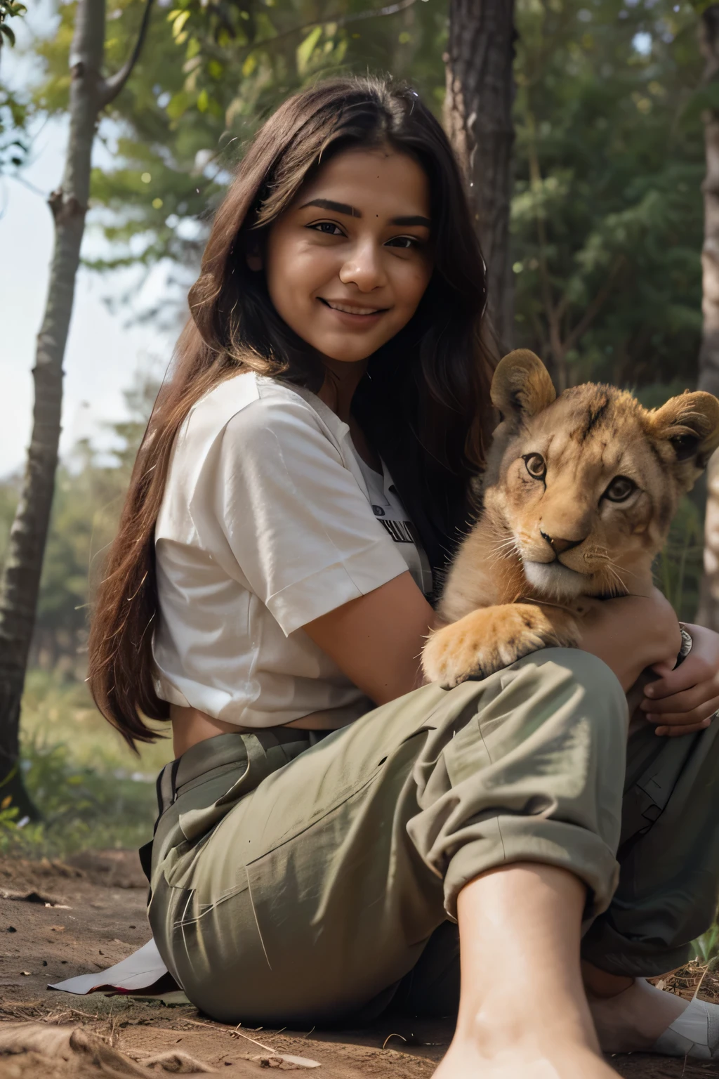 ((best quality)), ((masterpiece)), (detailed), 
A 21 year old beautiful Indian girl with long hair smiling face beautiful eyes wearing army uniform army khaki clamafauge shirt and army pant sitting on ground playing with a little lion cub forest background pic from side 