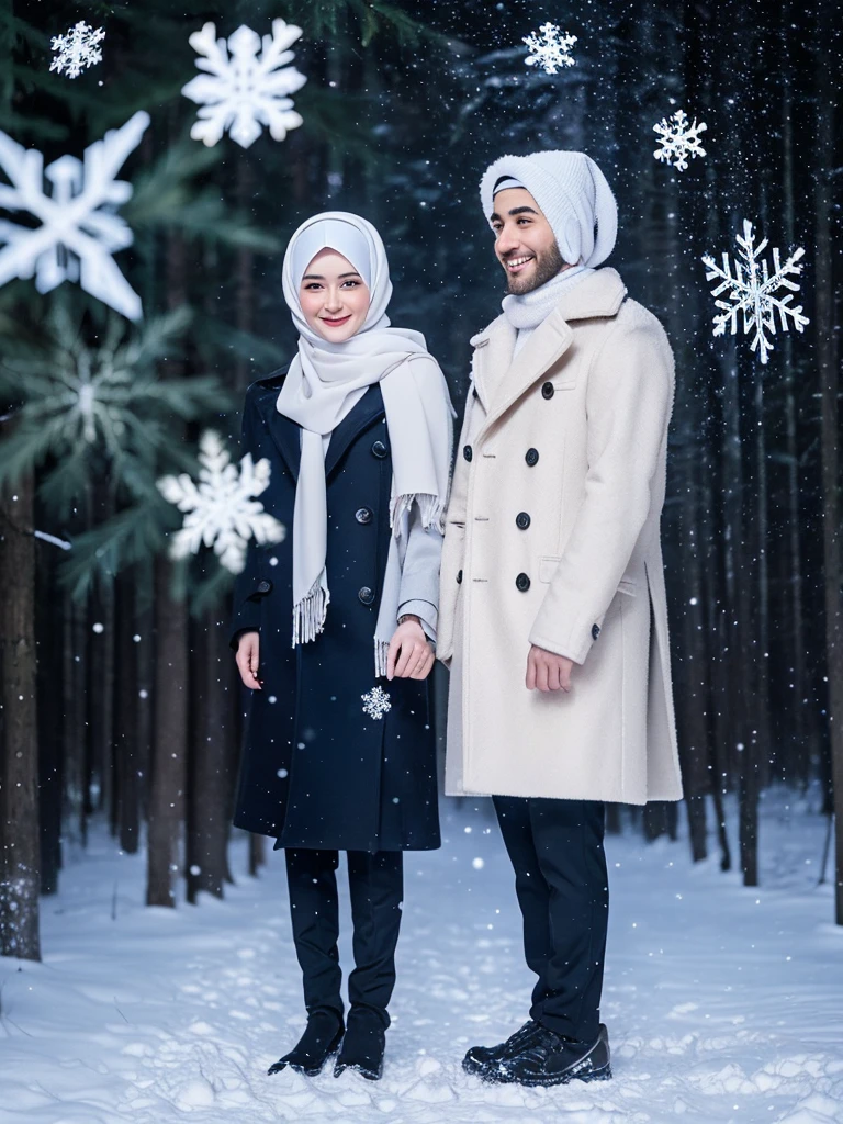 full body remote camera,(best quality, 8k, high resolution, masterpiece: 1.5, ), A handsome man and a beautiful hijab woman Both are in their early twenties. winter clothes ,The two looked at the camera with a smile on their faces, white silk, (Sparkling snowflake effect: 1.3), ((blizzard)), dark forest, professional lighting, Professional photographer, professional model