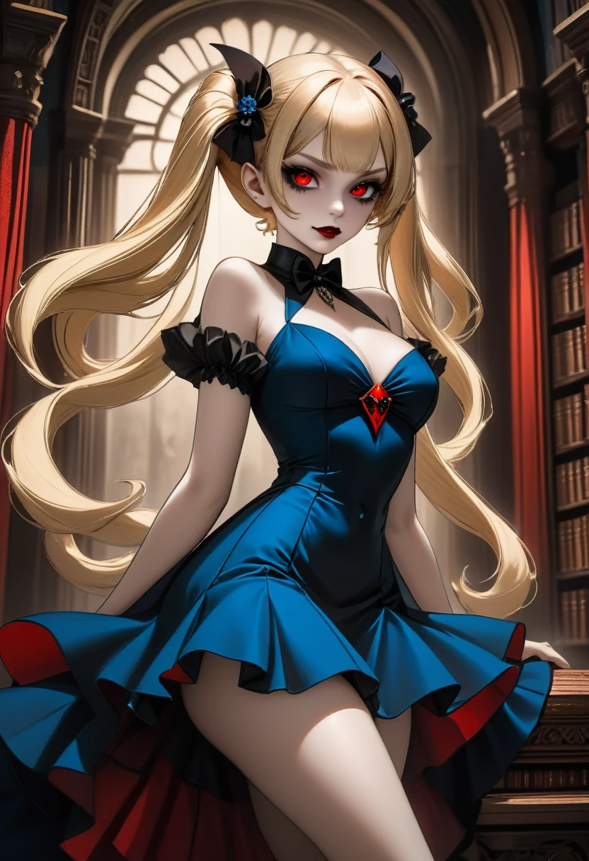 fantasy art deco (art deco: 1.5) A (black and white: 1.5) glamours (vampire: 1.5) model shot, RAW, award winning, of an exquisite beautiful 1solo female vampire, ultra feminine, full body, busty woman, most beautiful face ultra detailed face, ((blond long twin tails: 1.3)), twin tails decorated with black flowers,  pale skin, glowing (red: 1.3) eyes, wearing (blue: 1.ilk glamour intricate dress, with flowers on it,  wearing intricate high heels, light make up, ancient library background, (black and white filter: 1.4), (anatomically correct: 1.4), 1960s photoshoot style, picture taken from dynamic range, vibrant, Ultra-high resolution, High Contrast, (masterpiece:1.5), highest quality, Best aesthetics), best details, best quality, highres, ultra wide angle, 16k, [ultra detailed], masterpiece, best quality, (extremely detailed), Intense Gaze, dark novel, mega twintails