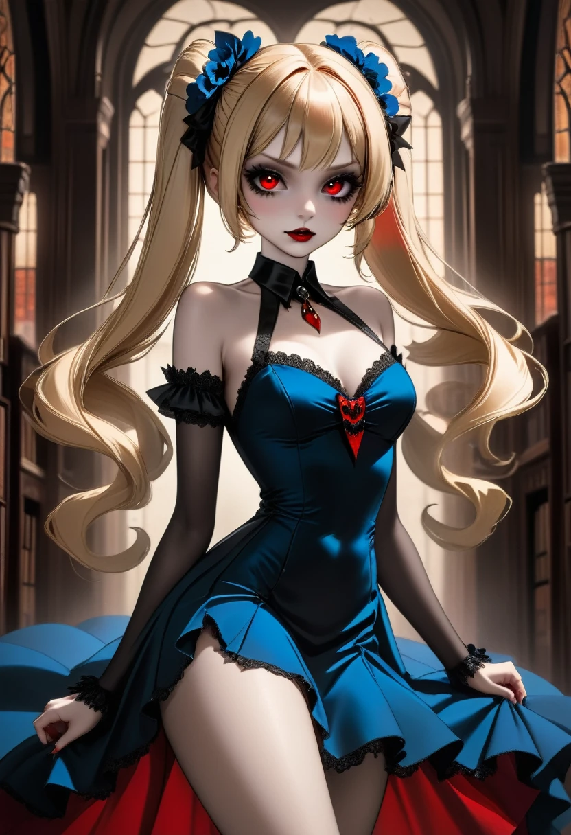 fantasy art deco (art deco: 1.5) A (black and white: 1.5) glamours (vampire: 1.5) model shot, RAW, award winning, of an exquisite beautiful 1solo female vampire, ultra feminine, full body, busty woman, most beautiful face ultra detailed face, ((blond long twin tails: 1.3)), twin tails decorated with black flowers,  pale skin, glowing (red: 1.3) eyes, wearing (blue: 1.5) silk glamour intricate dress, with flowers on it,  wearing intricate high heels, light make up, ancient library background, (black and white filter: 1.4), (anatomically correct: 1.4), 1960s photoshoot style, picture taken from dynamic range, vibrant, Ultra-high resolution, High Contrast, (masterpiece:1.5), highest quality, Best aesthetics), best details, best quality, highres, ultra wide angle, 16k, [ultra detailed], masterpiece, best quality, (extremely detailed), Intense Gaze, dark novel, mega twintails