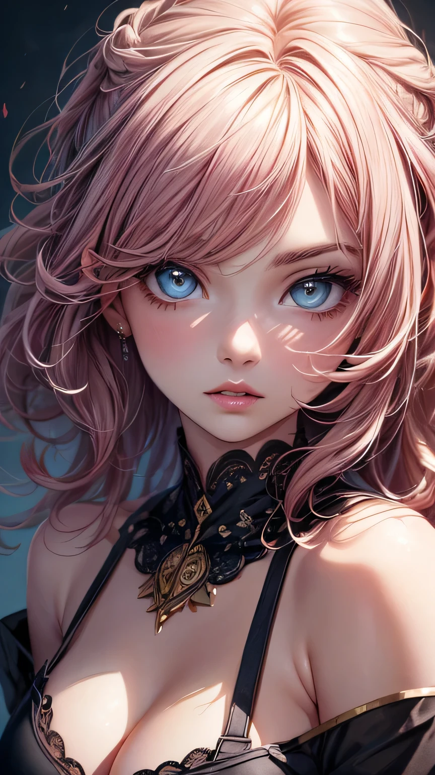 (masterpiece),(Highest quality:1.1),(Super detailed),Best illustrations,In detail,(Portraiture:1.1),(Watercolor),floating,One girl,solo,slim,(Very delicate and beautiful face),(Beautiful eyes in every detail),Pink thick lips,(Disheveled Hair),(Crop top),4K,Cleavage,Beautiful breasts