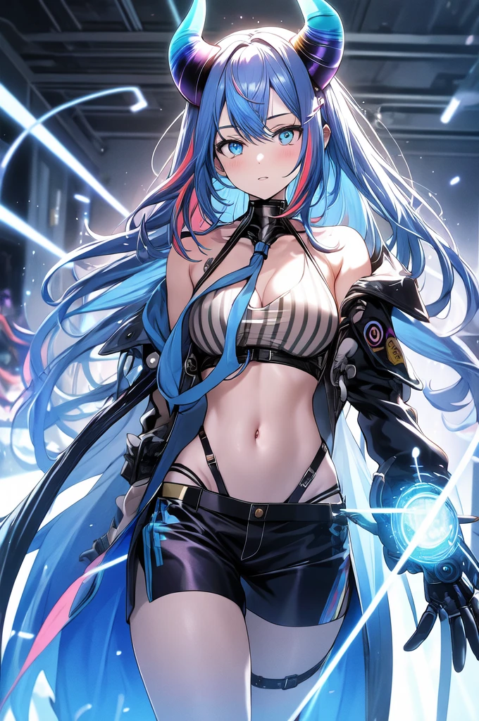 (masterpiece, best quality:1.2), (absurdres, highres, ultra-detailed), (perfect anatomy), BREAK , realistic, 1girl, blue hair, horns, multicolored eyes, glowing, blue eye, purple eye, bare shoulders, demon eyes, magic circle, light particles, light rays, wallpaper