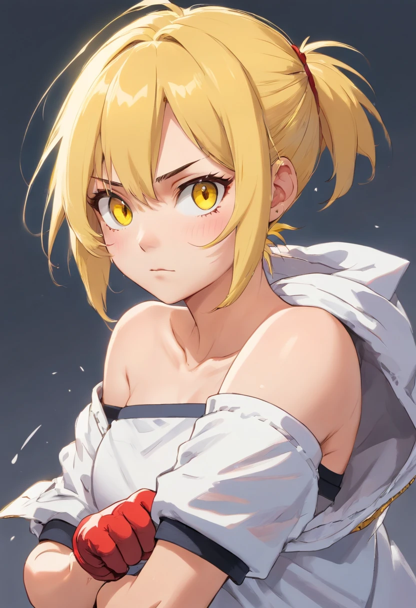 an athletic girl, flat chest, yellow hair, short messy hair, red eyes, wearing a white MMA outfit and an off-shoulder jacket, shoulders exposed, punk, tough and aggressive, boxing wraps around hands