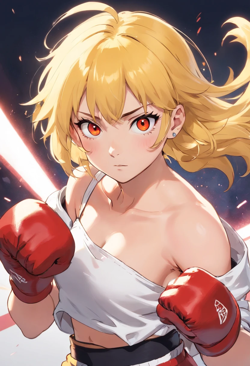 an athletic girl, flat chest, yellow hair, short messy hair, red eyes, wearing a white MMA outfit and an off-shoulder jacket, shoulders exposed, punk, tough and aggressive, boxing wraps around hands