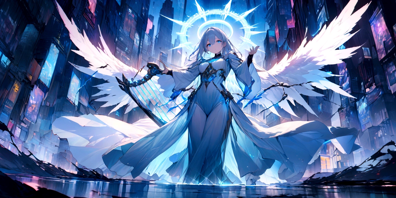 ((masterpiece, Highest quality, Best image quality, High resolution、4k)) An angel in the center of the screen、Glowing white wings、Glowing halo、Calm expression。Wearing a flowing ethereal robe、god々Shining with a bright light。With a harp in his hand、Glowing blue eyes and advanced cybernetic enhancements. Seen in dynamic action poses, reflection on a smooth surface. The cityscape below is filled with towering skyscrapers., illuminated by colorful holographic advertisements, Shining with blue energy, Mighty power. The overall atmosphere is dark and mysterious., It had a futuristic techno vibe.. The lighting is dramatic, Intense highlights and deep shadows, Creates depth and tension