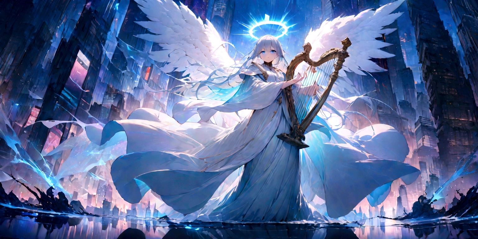 ((masterpiece, Highest quality, Best image quality, High resolution、４ｋ)) An angel in the center of the screen、Glowing white wings、Glowing halo、Calm expression。Wearing a flowing ethereal robe、god々Shining with a bright light。With a harp in his hand、Glowing blue eyes and advanced cybernetic enhancements. Seen in dynamic action poses, reflection on a smooth surface. The cityscape below is filled with towering skyscrapers., illuminated by colorful holographic advertisements, Shining with blue energy, Mighty power. The overall atmosphere is dark and mysterious., It had a futuristic techno vibe.. The lighting is dramatic, Intense highlights and deep shadows, Creates depth and tension