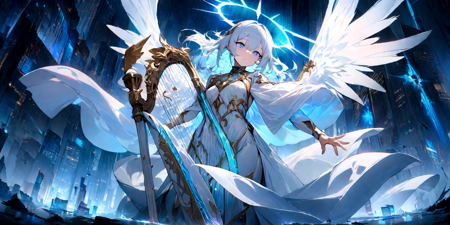 ((masterpiece, Highest quality, Best image quality, High resolution、4k)) An angel in the center of the screen、Glowing white wings、Glowing halo、Calm expression。Wearing a flowing ethereal robe、god々Shining with a bright light。With a harp in his hand、Glowing blue eyes and advanced cybernetic enhancements. Seen in dynamic action poses, reflection on a smooth surface. The cityscape below is filled with towering skyscrapers., illuminated by colorful holographic advertisements, Shining with blue energy, Mighty power. The overall atmosphere is dark and mysterious., It had a futuristic techno vibe.. The lighting is dramatic, Intense highlights and deep shadows, Creates depth and tension