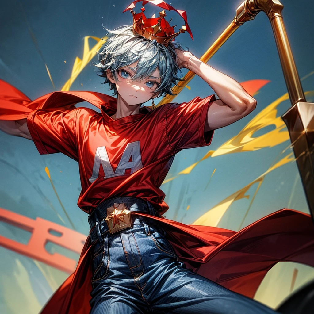 Create a boy, a 10 year old who has a crown of uno letters on his head, a red shirt, blue jeans and a construction shovel on his waist