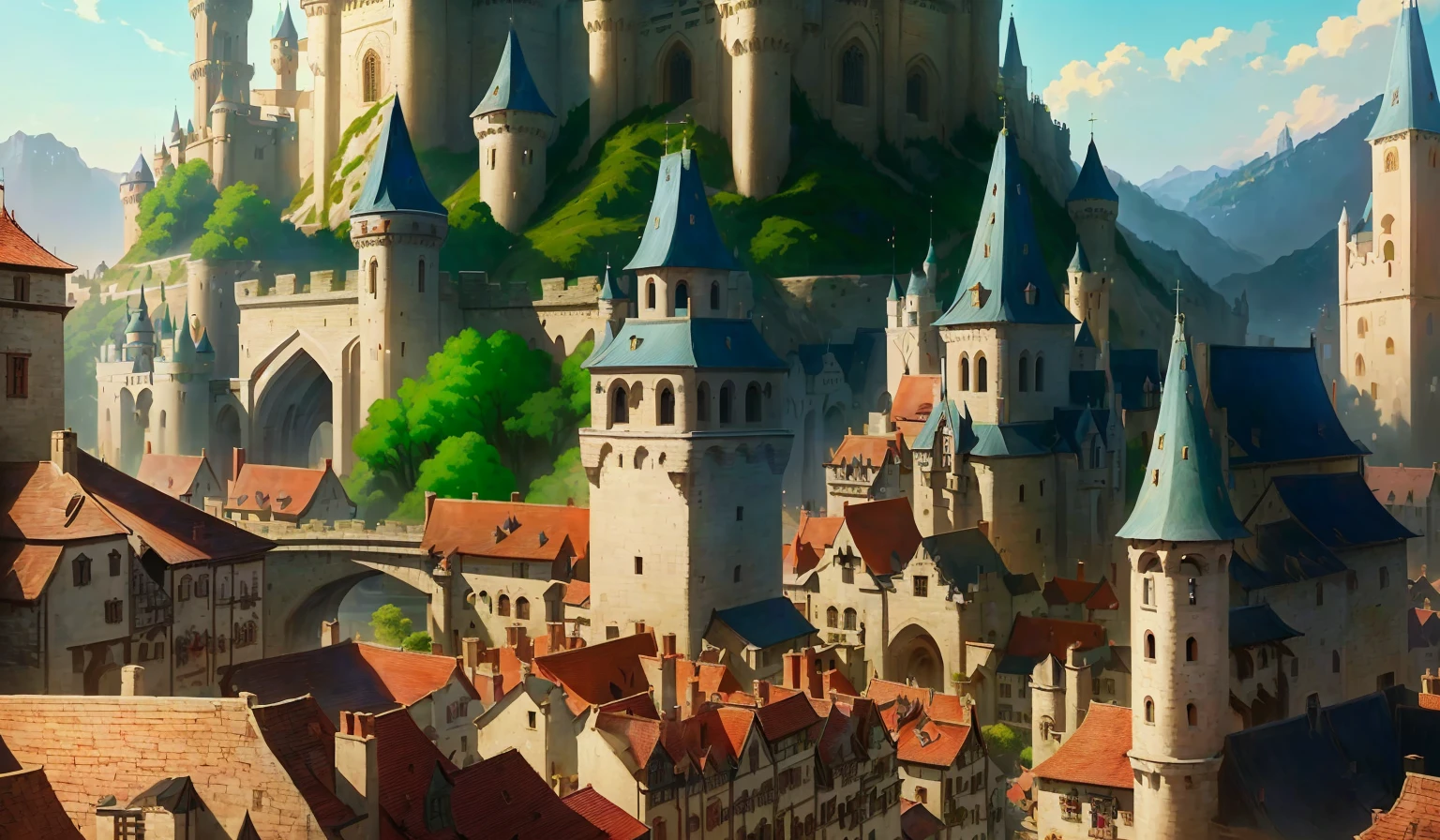 There is a big castle,There is a bell tower above, Town Background, Medieval city background, Medieval city, Zootopia concept art, Medieval fantasy town, Medieval town landscape, a Medieval city, Background of Fuxing Port City, a bustling magical town, Illustrations, In Zootopia, Medieval town, Castle Town, Flat painting, Fantasy cityscape