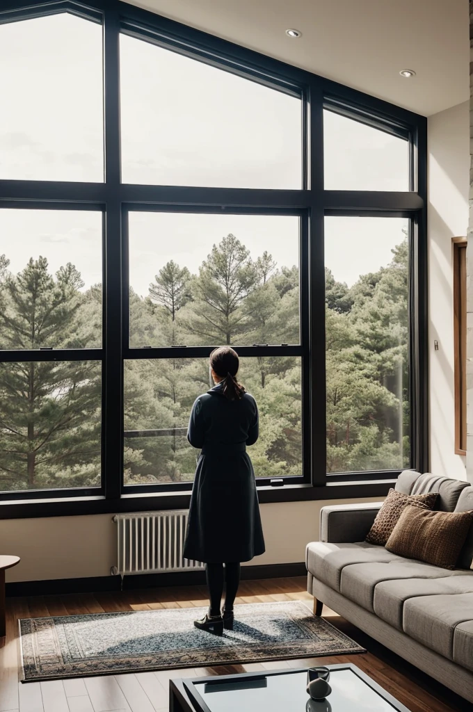 Medium room with windows, a coffee table and a woman looking out the window
