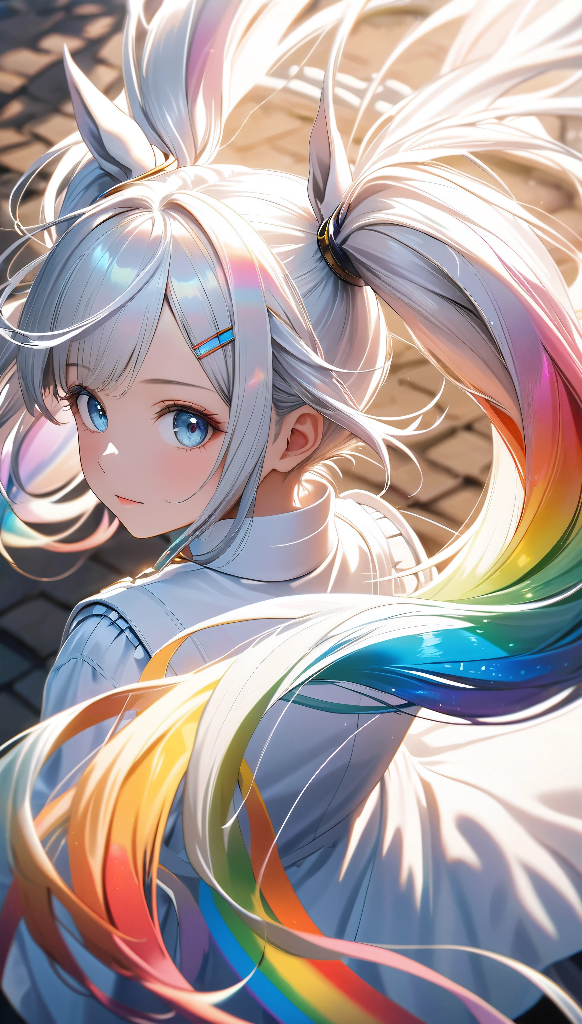 Rear shot of an aesthetic white horse, Put your mane into braided twin tails, Perfectly woven、Symmetrical twin tails, BREAK Detailed and realistic mane texture, Shining with transparent rainbow colors, A scene that brings out the best in twin tails, Dynamic shot, (shot from above:1.3)