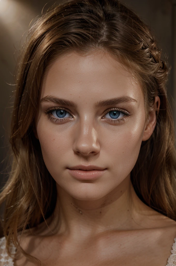 Prenez un portrait en utilisant la lumière naturelle pour un effet doux et flatteur. a beautiful blonde woman with blue eyes detailed face, high quality, photorealistic, intricate details, chiaroscuro lighting, warm color palette, elegant pose