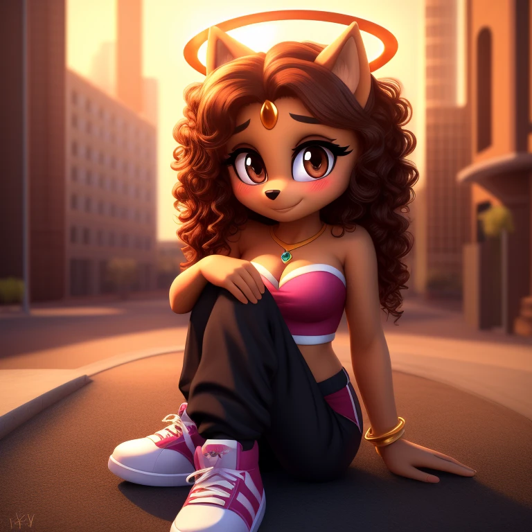 priya, Turning Red, strapless crop top, baggy pants, high-top sneakers, cleavage, curly hair, halo, sunglasses, jewelry, brown eyes, longeyelashes, brown eyes, smile, shy, blush, high detail, masterpiece, UHD, anatomically correct, super detail, highres, 4K