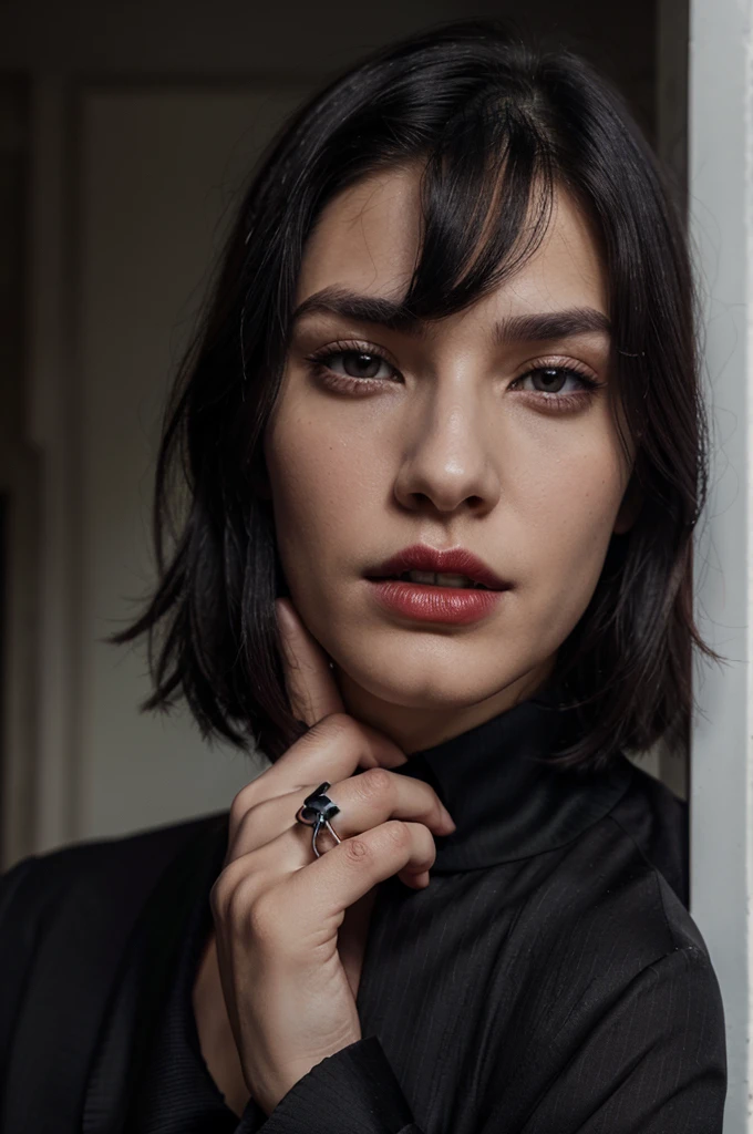 Nobles man. Black haired. Red eyes. Plum lips. Perfect face. Wearing black suit, skull ring.