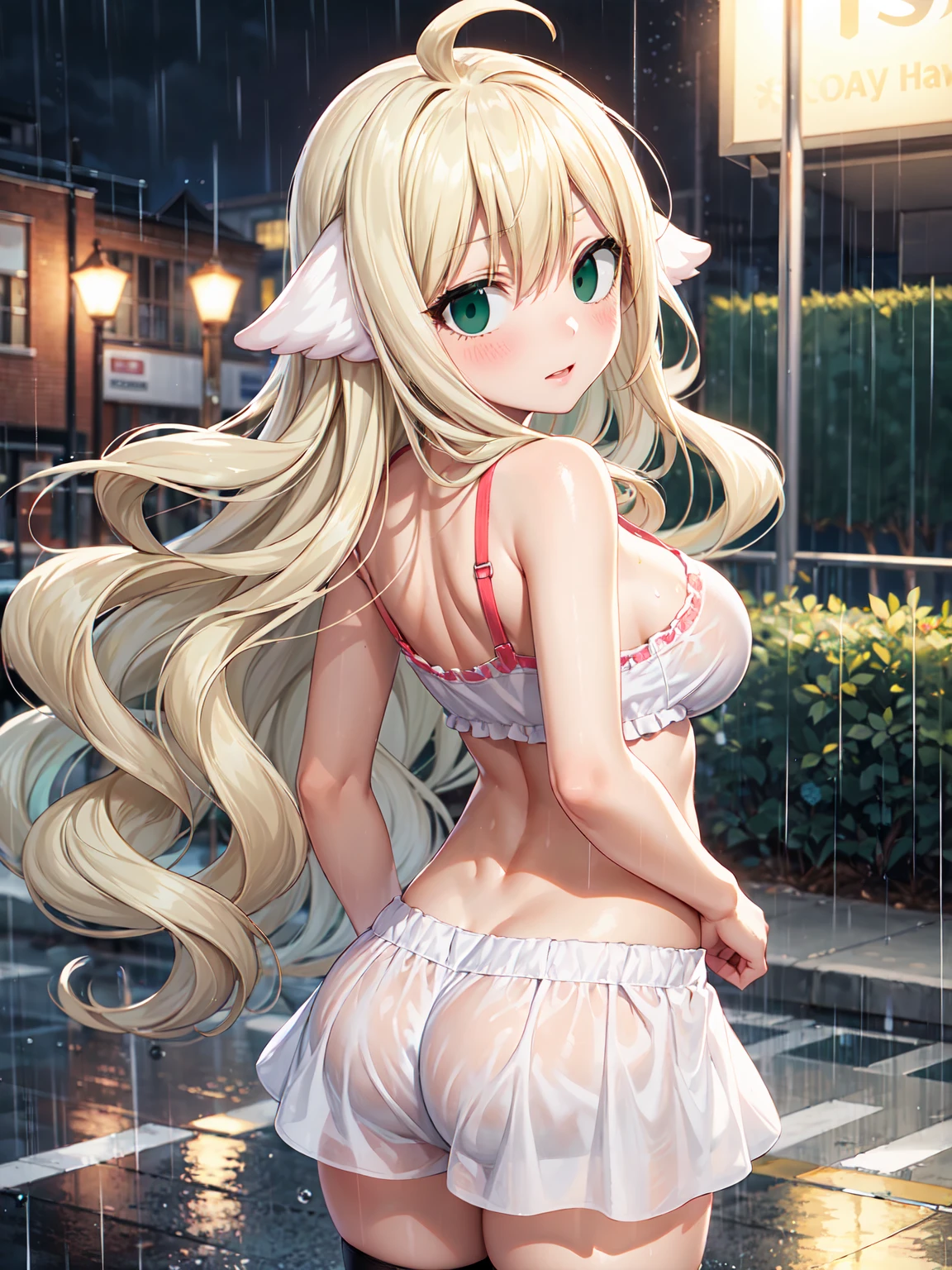 Masterpiece ,best quality , high resolution , (1 girl solo:1.38) , (mavis, long hair, blonde hair, (green eyes:1.5), ahoge, wavy hair, animal ears,) , (cleavage:1.2) , (medium breast:1.28) , (wear baseball hat , belly , navel , sport top , sport short , stockings ) , (arms behind back . hands behind back) , (cleavage:1.15) , (big breast:1.1) , (face view , from behind , back view , looking back , head back , look at view ) , (outdoor ,on street , road , night , lamp, shop, avenue, raining , vivid rain , heavy rain) , (standing , cowboy shot) , ( full face blush , shy )