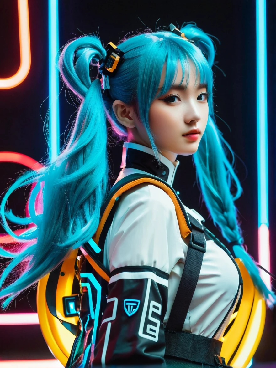 (A young woman with cyan hair in double ponytails:1.5)，Wearing a futuristic outfit，Consists of an electronic-themed dress，(She was wearing  high heels made of electronic elements.:1.3)，Her headband consists of a square-shaped emblem.，Hanging ribbons，The color palette includes cyan，black and white，The overall tone is colorful and vibrant，(Full body shot:1.5)，(Vision:1.5)