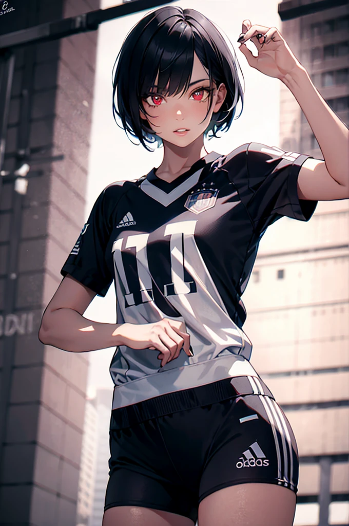 a woman with short black hair, beautiful detailed eyes, beautiful detailed lips, extremely detailed face, longeyelashes, wearing a Germany football trikot, football shorts, red eyes, hyperrealistic, 8k, best quality, photorealistic, highly detailed, studio lighting, professional, vivid colors, intricate details