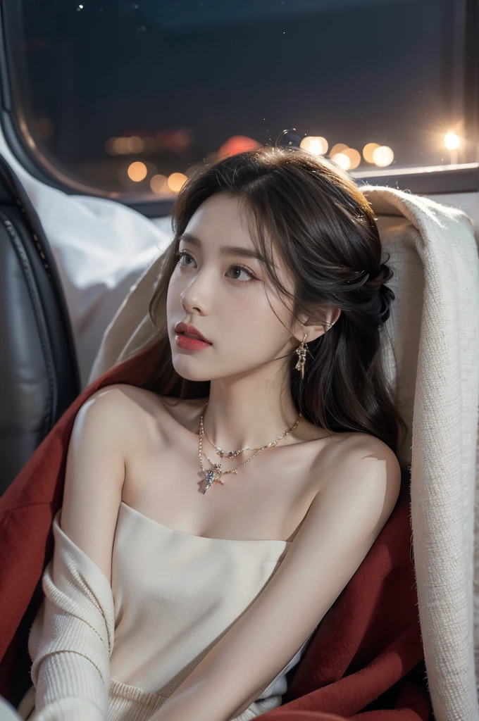 (((best quality))),(((ultra detailed))),(((masterpiece))),illustration,(a beautiful girl,female passenger,solo),(parted red lips),((slim,thin,small breasts,flat chest)),((earrings,crystal necklace)),(slender legs:1.2),(spread legs apart:1.3),summer night,((in airplane,economy class,indoor)),(blanket over shoulders:1.3),((dress)),(shoulder length straight bob hair:1.2),stars,moonlight,smooth flight,engine sound,lullaby,relaxed,excited,laughing,visiting family,comfortable seats,soft fabric,headrests,adjustable,beauty of night sky,dimmed lights,sleeping passengers,movies,personal screens,staying awake,magic of sky,joy of being with family,memorable journey,adventures,(surrounded by crowded crowds:1.3),(Outside the window is high-altitude night view:1.2),((from front,upper body))