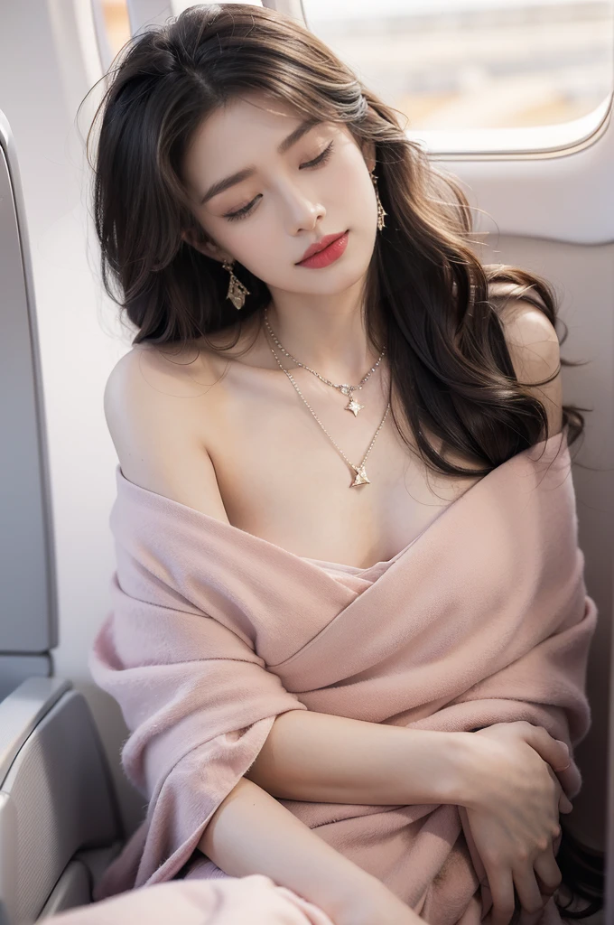 (((best quality))),(((ultra detailed))),(((masterpiece))),illustration,(a beautiful girl,female passenger,solo),(parted red lips),((slim,thin,small breasts,flat chest)),((earrings,crystal necklace)),(slender legs:1.2),(spread legs apart:1.3),summer night,((in airplane,economy class,indoor)),(blanket over shoulders:1.3),((dress)),(shoulder length straight bob hair:1.2),stars,moonlight,smooth flight,engine sound,lullaby,relaxed,excited,laughing,visiting family,comfortable seats,soft fabric,headrests,adjustable,beauty of night sky,dimmed lights,sleeping passengers,movies,personal screens,staying awake,magic of sky,joy of being with family,memorable journey,adventures,(surrounded by crowded crowds:1.3),(Outside the window is high-altitude night view:1.2),((from front,upper body))