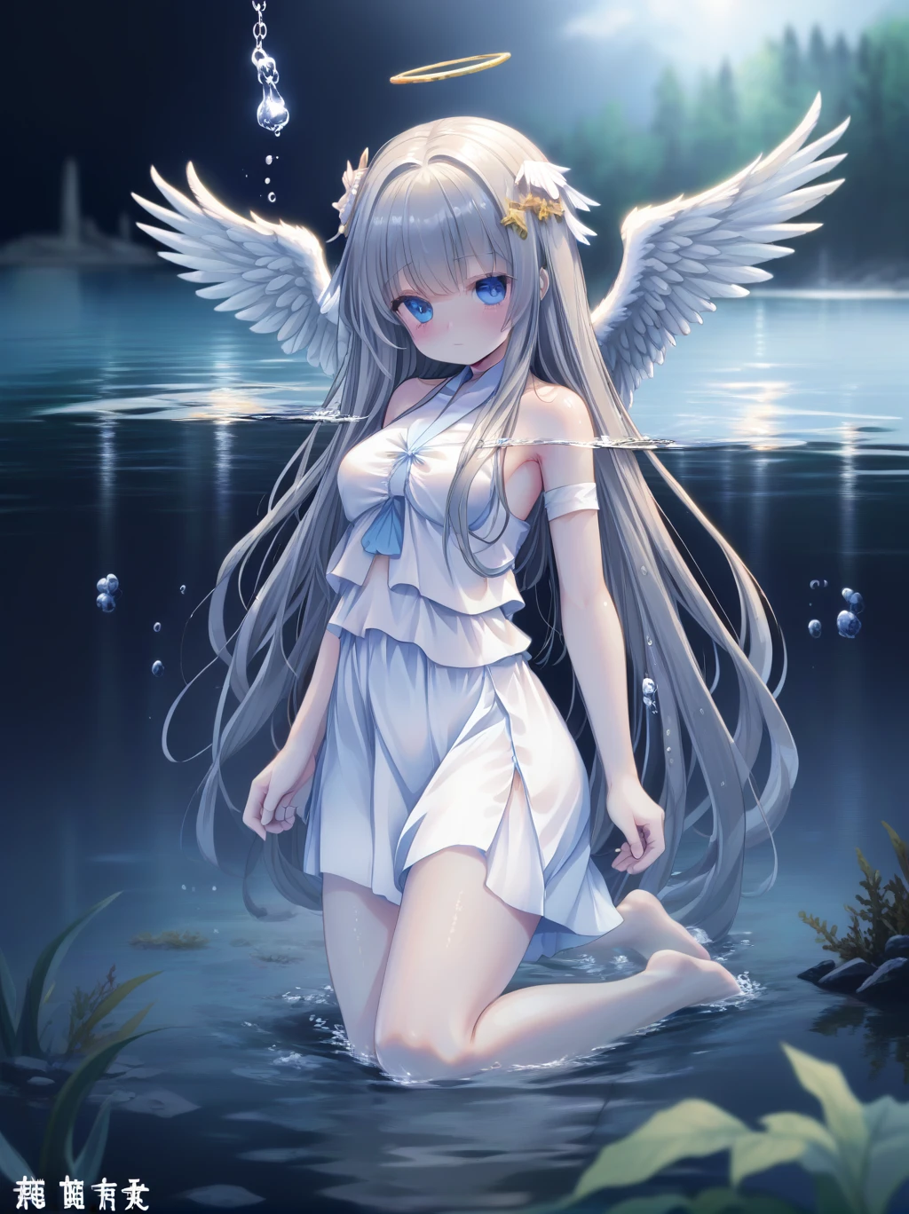 partially underwater, lakeの女神, Long Hair, Wet Hair,
lake,Dark Background, Blurred Edges,8-year-old、Flat Chest、skirt、Above the water line from the neck、Corpses in the water, Underwater Photography、浮力でskirtがめくれる、Angel Halo