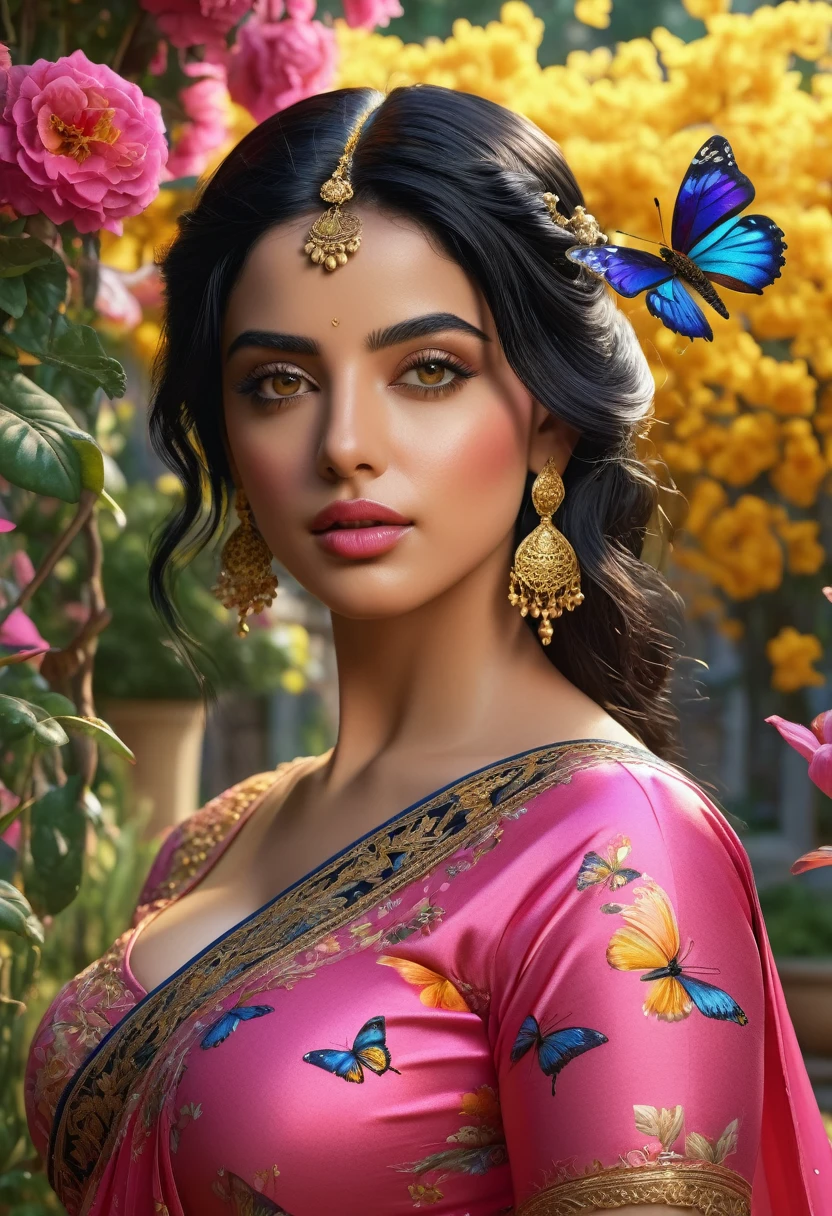 a middle east woman with black hair, beautiful detailed eyes, beautiful detailed lips, extremely detailed face, butterflies in her hair, wearing a pink saree dress with gold details, standing in a garden full of yellow, red, blue, pink flowers, ((large breasts)), (best quality,4k,8k,highres,masterpiece:1.2),ultra-detailed,(realistic,photorealistic,photo-realistic:1.37),intricate,ornate,highly detailed,hyper realistic,vivid colors,dramatic lighting,cinematic,ethereal,fantasy,elegant,beautiful,serene