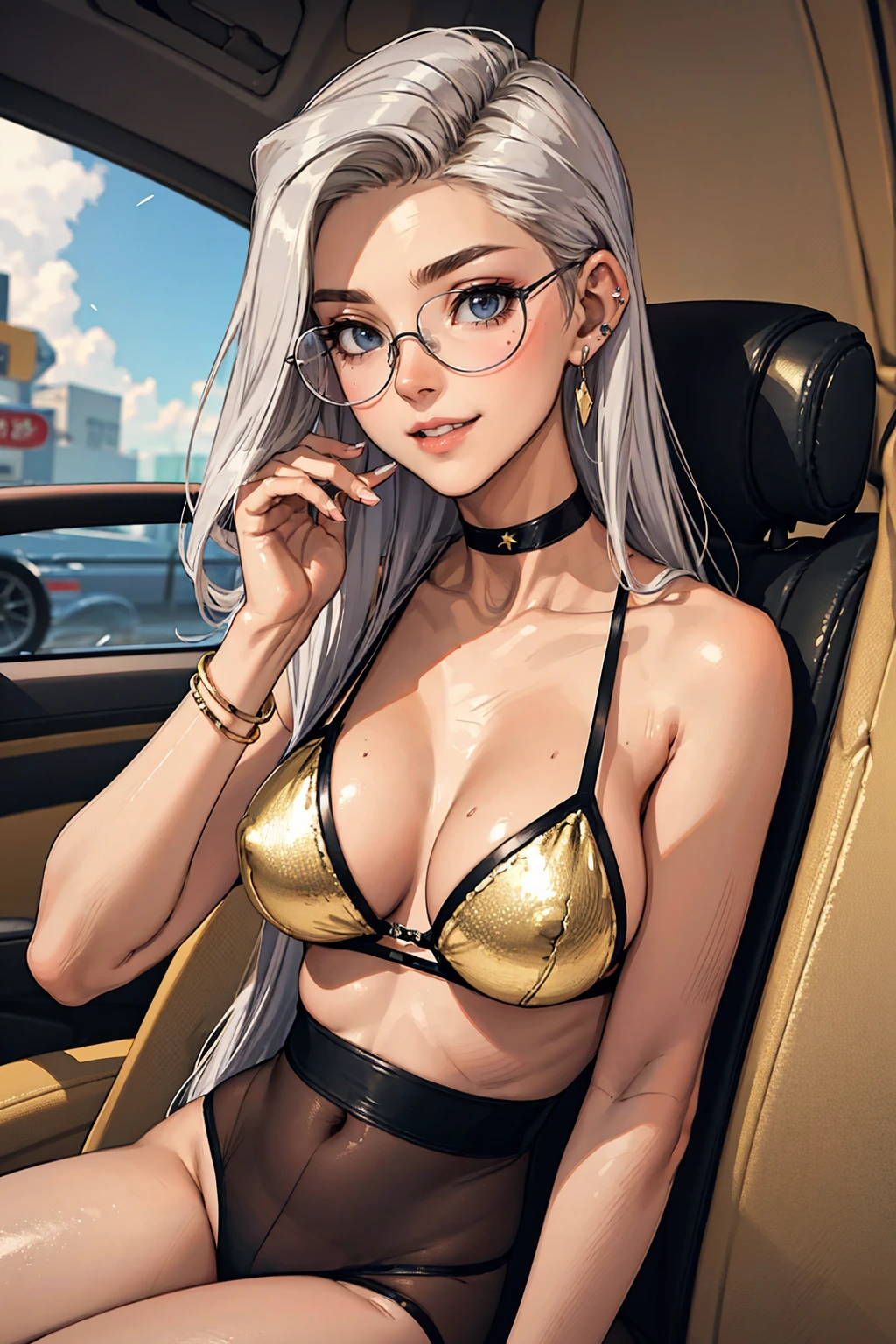 tmasterpiece，（tmasterpiece，top-quality，best qualityer），1girll， jewely，耳Nipple Ring，choker necklace，bangle， hoop earings， ，sun glasses， Long hair and long meat， Blonde hair，Black color hair，Silvery-white hair，Maroon hair， solo， ssmile， looking at viewert， motorvehicle，The Car， Sports cars，groundvehicle， Sat down， exteriors， daysies， nedium breasts，Open navel， dark skinned female， floral patterns， grinning smile，collars，Laser cloth，Sexy bikini，laser，holy rays，gold foil，Gold leaf art，glitter drawing，Correct anatomy，Detailed face, Detailed eyes，Chest exposed，