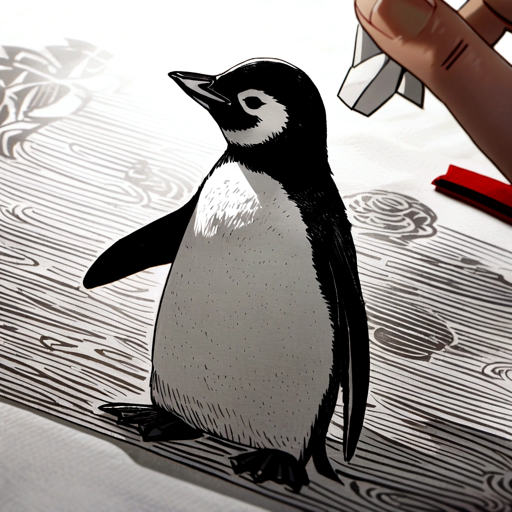 penguin, Chinese paper cutting,Black and White, printing, Very detailed