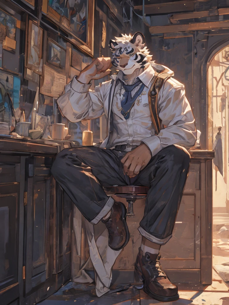 {{bara extremely handsome white tiger,}} {{white fur,}} white, wearing military like purple trench coat, purple trousers, white dress shirt and necktie, white fluffy furry body and limbs, loafers, very tall, very broad shoulders, narrow waist, muscular arms, massive pecs, purple eyes, very long legs, sitting on swivel chair with legs spread, perspective, massive bulge, reading file, sophisticated hot look, sexy pose, full body, sunlight casting over, 3/4 view, best quality, high quality, silver earring on left ear, sultry smirk