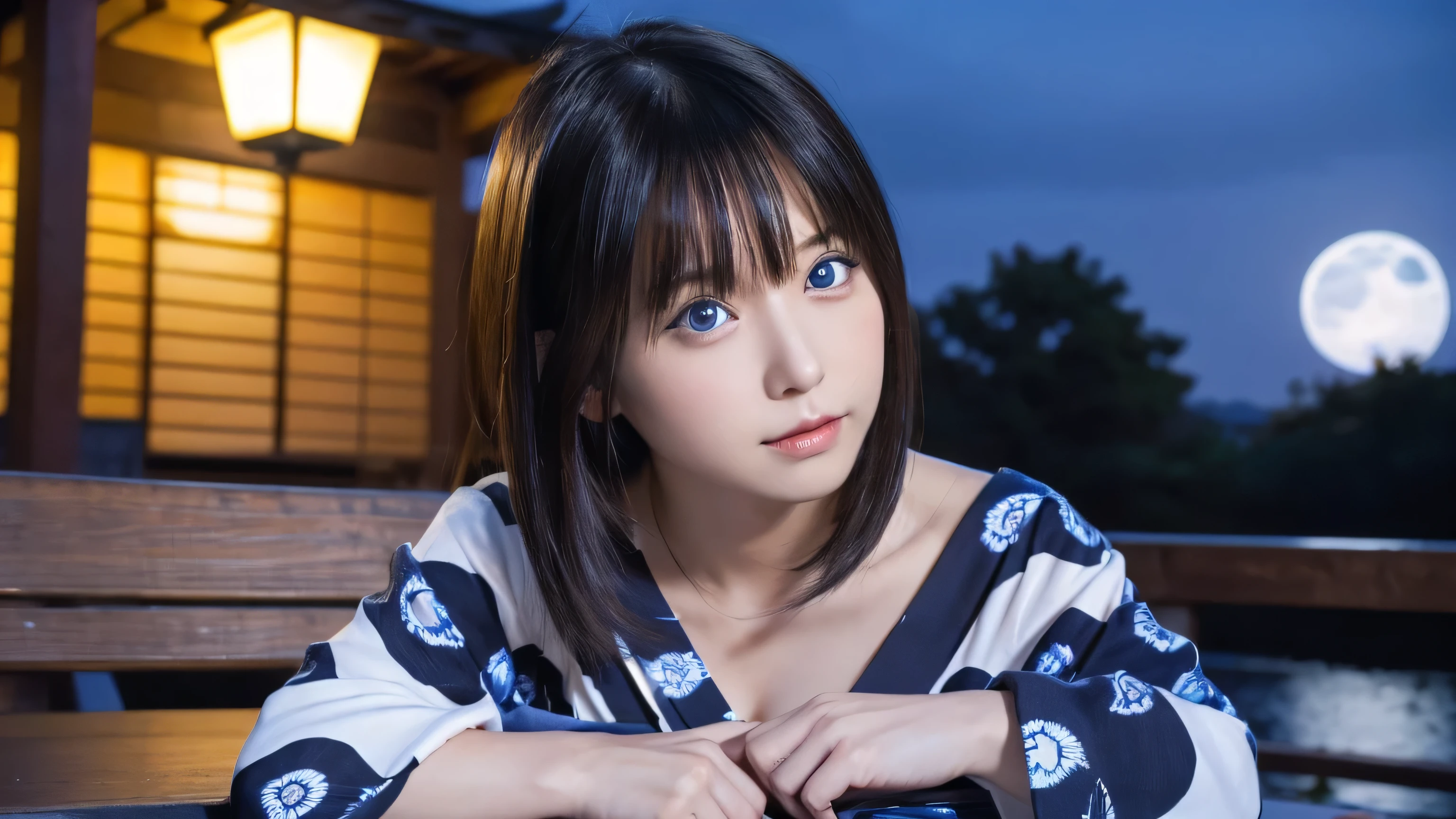 ((alone,waist shot),masterpiece,Highest quality,High resolution,Realistic, photo Realistic,knee shot),Cleavage, Japanese,Beautiful woman,Alluring,yukata,Blue Eyes,Big Eyes,Shiny eyes,Fuller lips,Black Hair,Long Hair,Sitting on a bench in the moonlight
