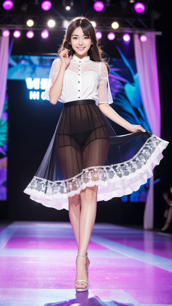Amazingly large eyes、Smiling expression with white teeth visible、H cup bust、50cm waist、Slender and fair-skinned、Japan woman with long hair、20-year-old、Slim figure、Wearing a pleated skirt and a sheer lace blouse that flutters in the vivid breeze、Wearing high heels。On the runway at a fashion show、Her whole body was shown, from her high heels to her head, as she walked towards the viewer.、Bright, photo-quality images。
