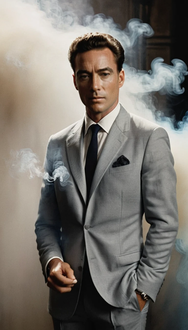 ethereal photo of full body, detailed handsome man face looking to the right, wearing long blazer with pant, looks like Oppenheimer style, Oppenheimer color style, emerging from swirling strokes of smoke and vapors surrounded his body, smoke and vapors on his shirt, He is being surrounded by smoke, style of Peter Lindbergh, intricate artwork masterpiece, eyes details, hands details, nail details, ominous, golden ratio, intricate, epic, trending on art station, highly detailed, vibrant, production cinematic character render, ultra high quality model